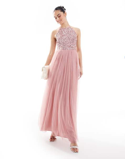 Maya Embellished halter neck maxi bridesmaid dress in dusty pink - view 1
