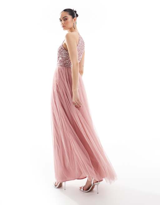 Maya Embellished halter neck maxi bridesmaid dress in dusty pink