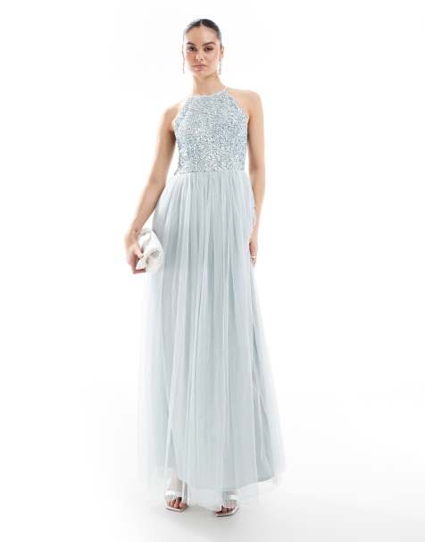 Maya Embellished halter neck maxi bridesmaid dress in pale blue - view 1