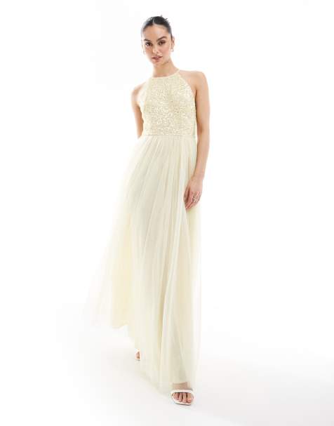 Maya Embellished halter neck maxi bridesmaid dress in pale yellow