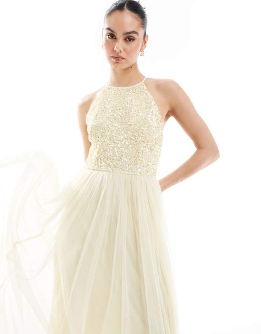Maya Embellished halter neck maxi bridesmaid dress in pale yellow