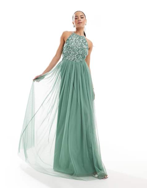 Maya Embellished halter neck maxi dress in dark sage