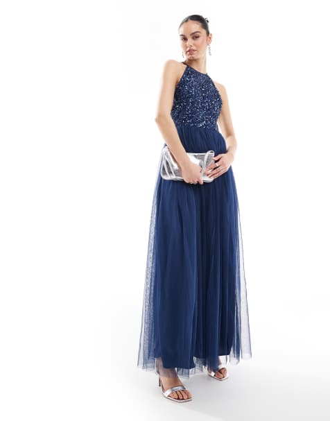 Maya Embellished halter neck maxi dress in french navy