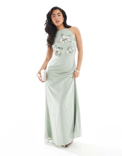 Maya Embellished halter neck maxi dress in sage green - view 1