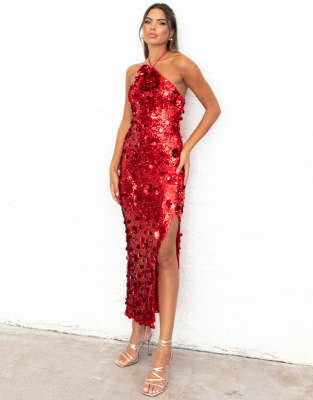 Maya Embellished Halter Neck Midaxi Dress In Red