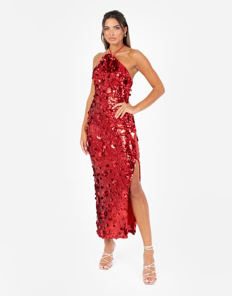 Maya Embellished halter neck midaxi dress in red