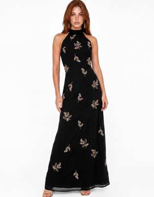 Maya Embellished Halter Neck Open Back Maxi Dress In Black