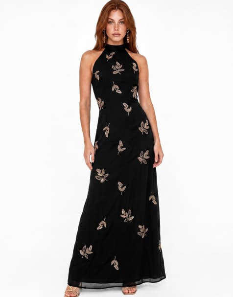 Maya Embellished halter neck open back maxi dress in black - view 1