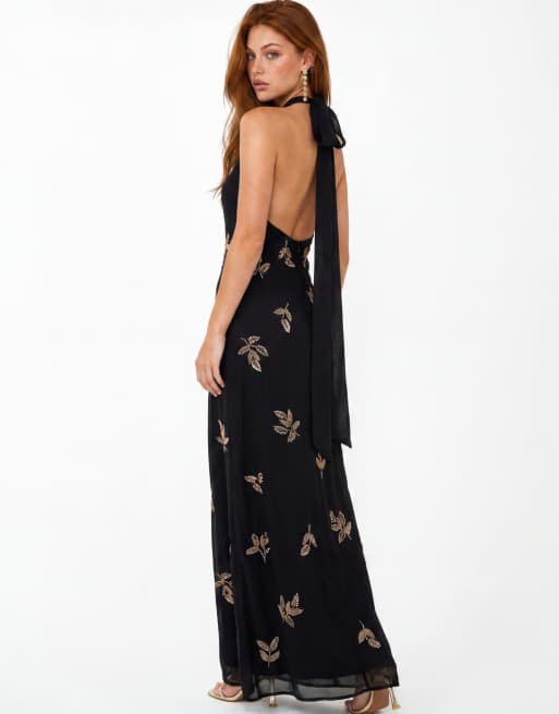 Maya Embellished halter neck open back maxi dress in black, 2 of 6