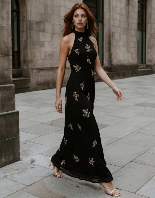 Maya Embellished halter neck open back maxi dress in black, 6 of 6