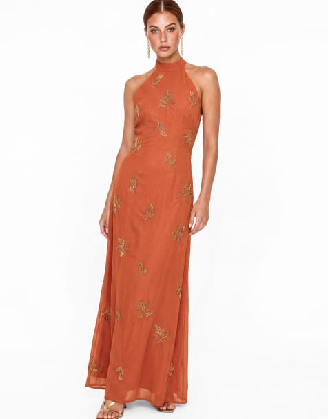 Maya Embellished halter neck open back maxi dress in burnt orange - view 1