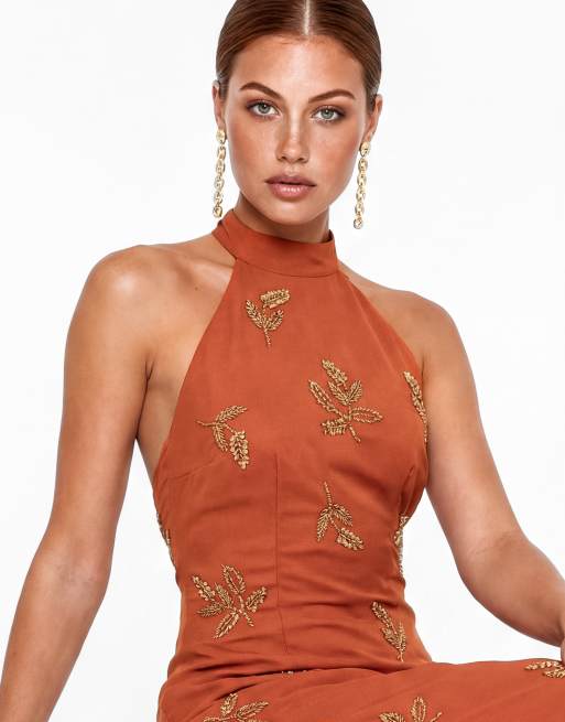 Maya Embellished halter neck open back maxi dress in burnt orange, 4 of 6