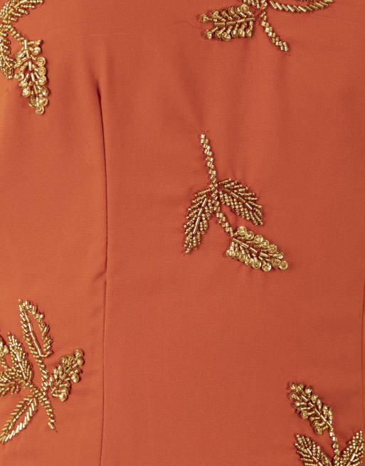 Maya Embellished halter neck open back maxi dress in burnt orange, 5 of 6