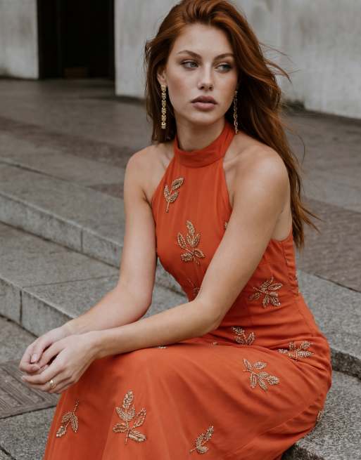 Maya Embellished halter neck open back maxi dress in burnt orange, 6 of 6