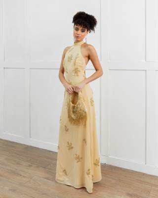 Maya Embellished halter neck open back maxi dress in buttercream-Yellow