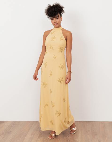 Maya Embellished halter neck open back maxi dress in buttercream - view 1