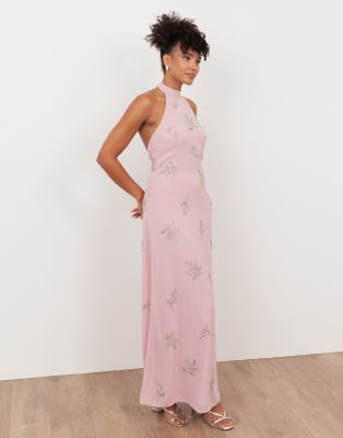 Maya Embellished Halter Neck Open Back Maxi Dress In Pink