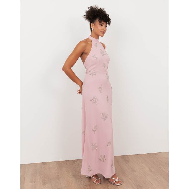 Maya Embellished halter neck open back maxi dress in soft pink | ASOS