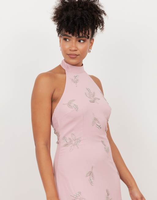 Maya Embellished halter neck open back maxi dress in soft pink | ASOS