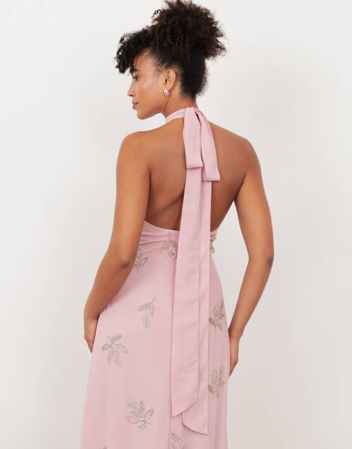 Maya Embellished halter neck open back maxi dress in soft pink | ASOS