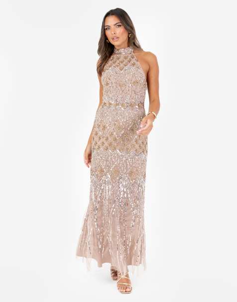 Maya Embellished halter neck open back maxi dress in taupe blush