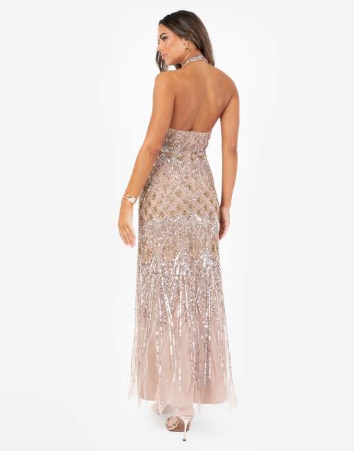 Maya Embellished halter neck open back maxi dress in taupe blush