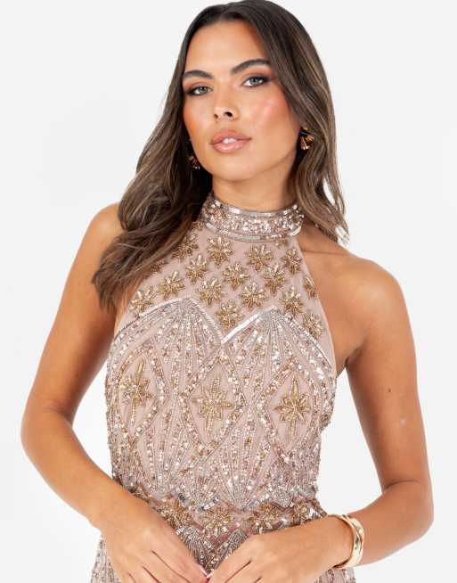 Maya Embellished halter neck open back maxi dress in taupe blush, 3 of 4