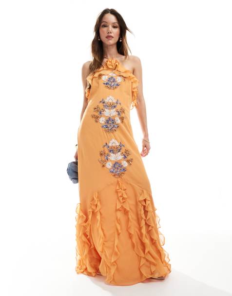 Maya Embellished halter neck ruffle maxi dress in orange
