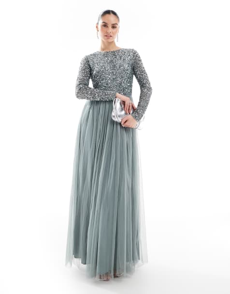 Maya Embellished long sleeve maxi bridesmaid dress in misty green