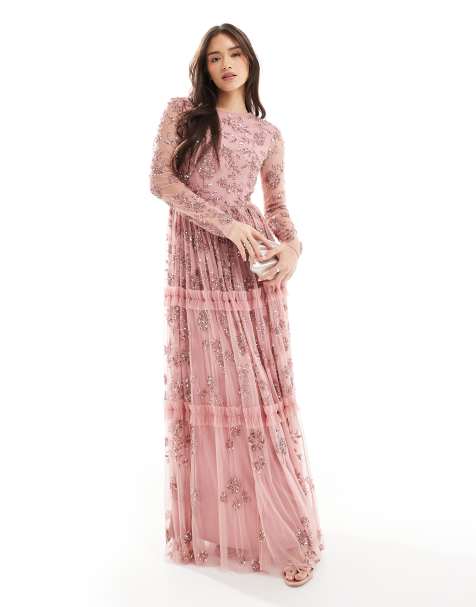 Maya Embellished long sleeve maxi dress in dusty pink