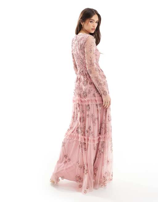 Maya Embellished long sleeve maxi dress in dusty pink ASOS