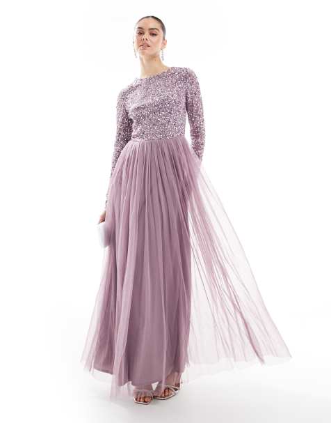 Maya Embellished long sleeve maxi dress in moody lilac
