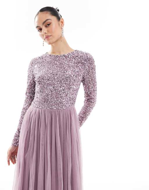 Maya Embellished long sleeve maxi dress in moody lilac, 2 of 4
