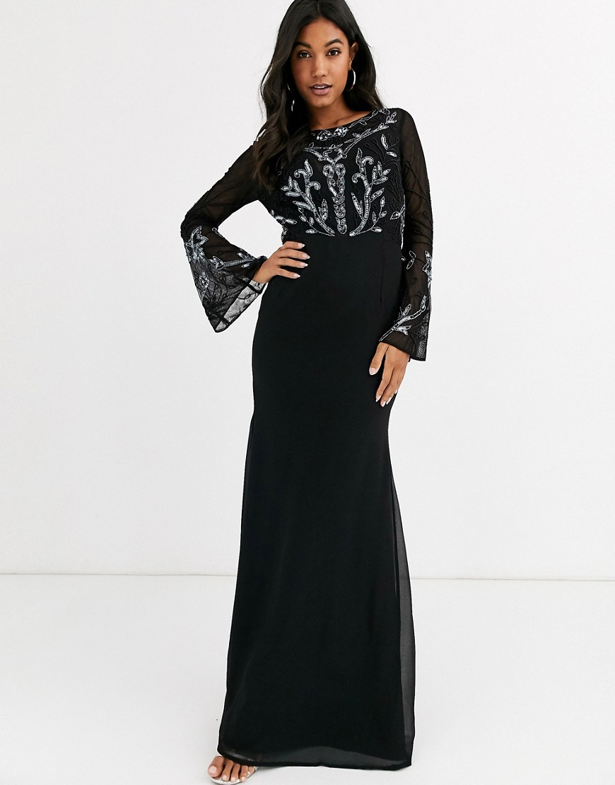Maya embellished long sleeve maxi dress-Black