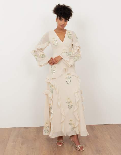 Maya Embellished long sleeve ruffle maxi dress in vanilla - view 1