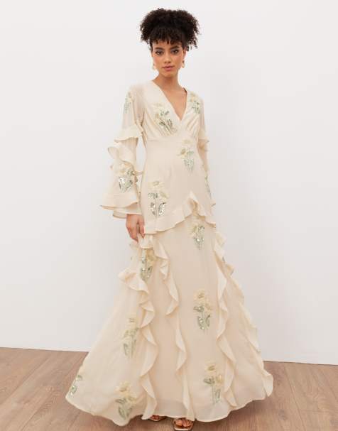 Maya Embellished long sleeve ruffle maxi dress in vanilla