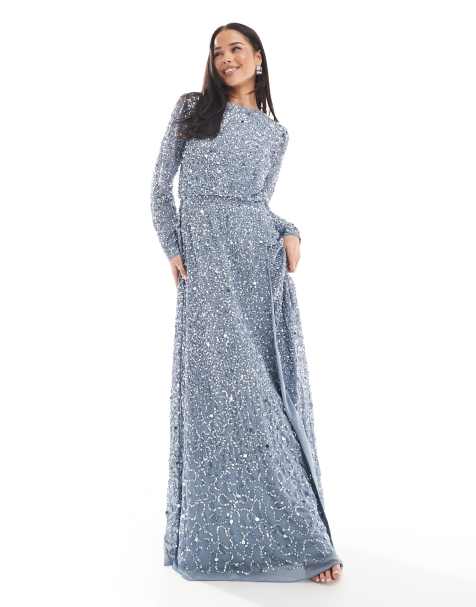Maya Embellished long sleeve split maxi dress in dusty blue