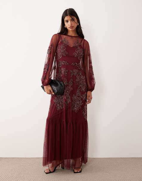 Maya Embellished long sleeve trapeze maxi dress in cranberry