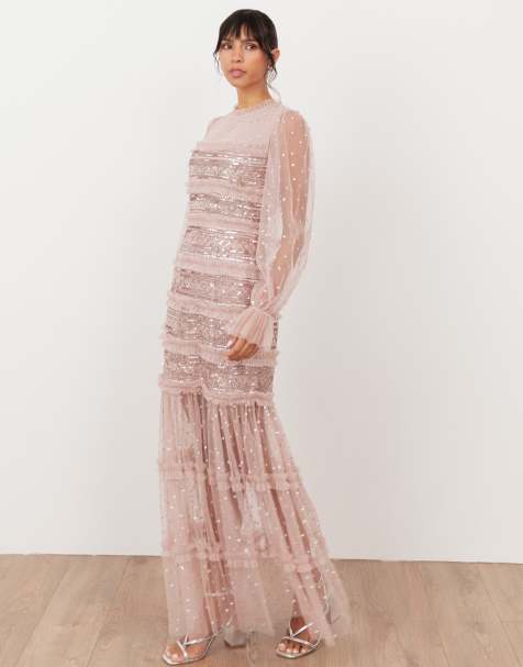 Maya Embellished long sleeve tulle maxi dress in frosted pink - view 1