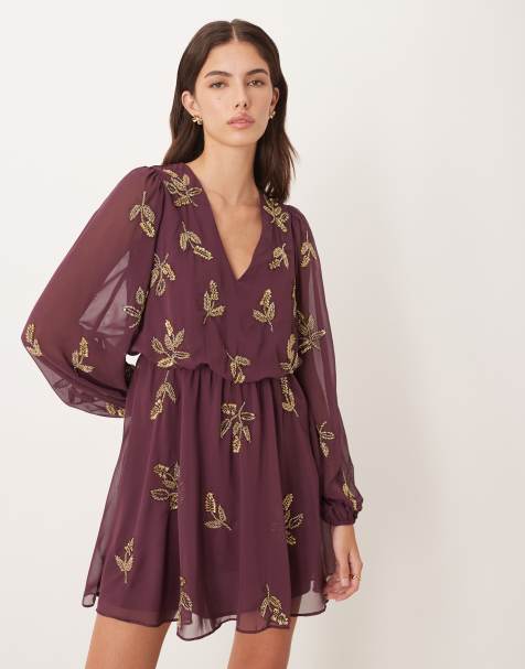 Maya Embellished long sleeve v neck mini dress in berry - view 1