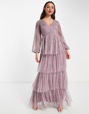 Maya embellished maxi dress with ruffle skirt in lilac