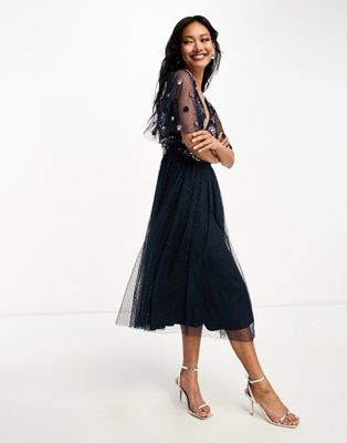 Maya embellished midi dress with tulle skirt in navy
