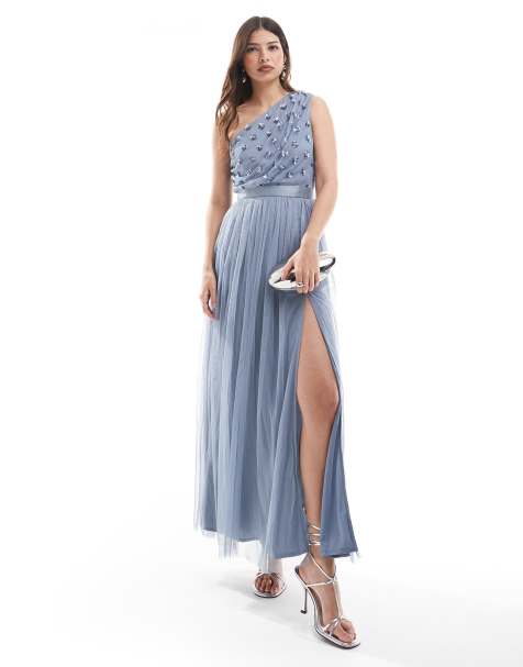 Maya Embellished one shoulder bridesmaid maxi dress in dusty blue - view 1