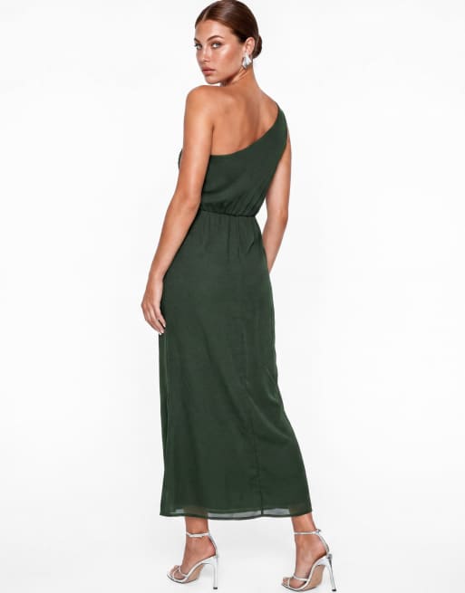 Maya Embellished one shoulder ruffle midaxi dress in forest green, 2 of 4