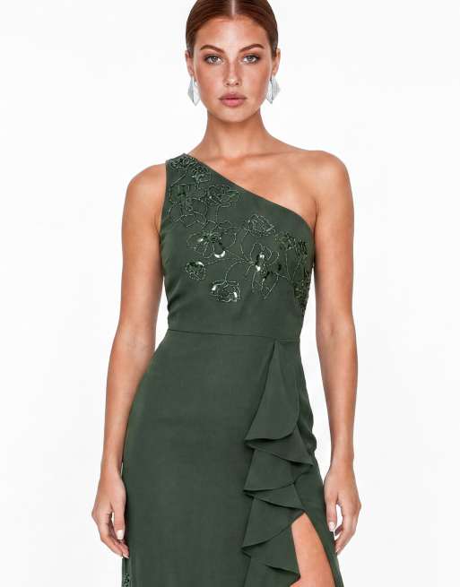 Maya Embellished one shoulder ruffle midaxi dress in forest green, 3 of 4