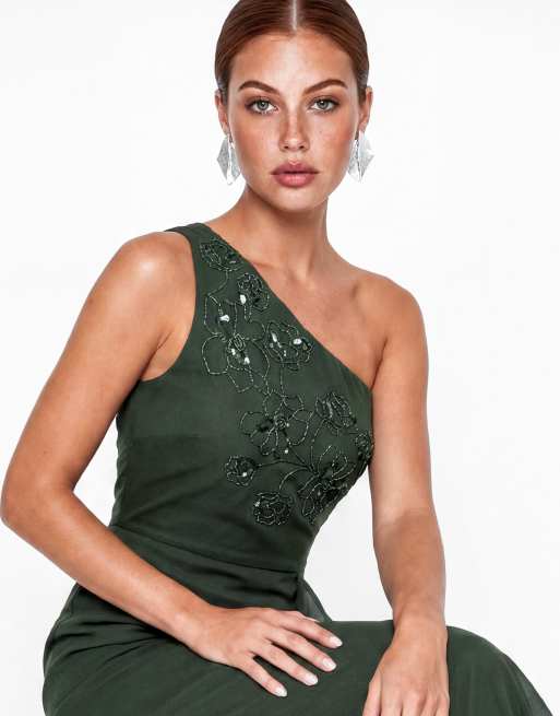 Maya Embellished one shoulder ruffle midaxi dress in forest green, 4 of 4