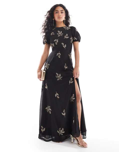 Maya Embellished open back maxi dress in black