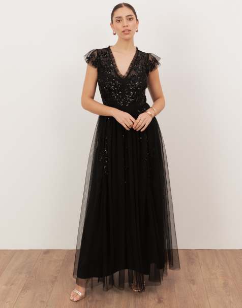 Maya Embellished open back maxi dress in black