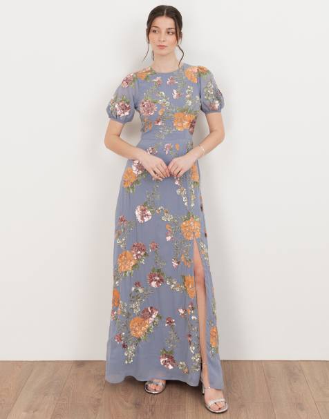 Maya Embellished puff sleeve open back maxi dress in wisteria blue - view 1