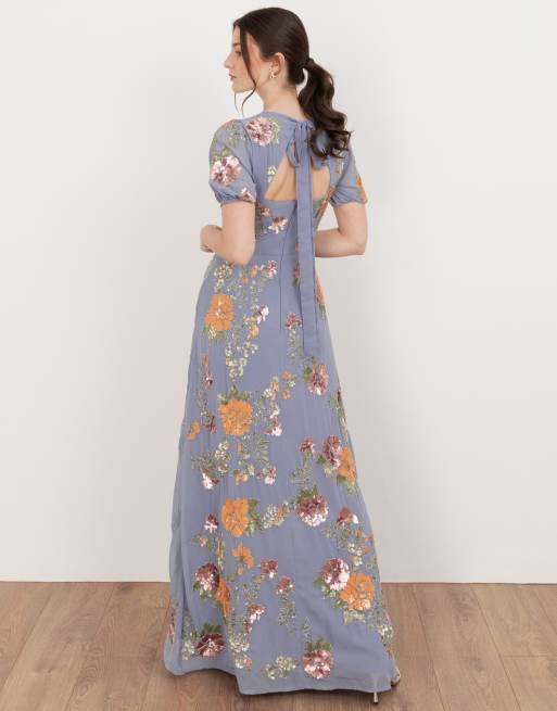 Maya Embellished puff sleeve open back maxi dress in wisteria blue, 2 of 4